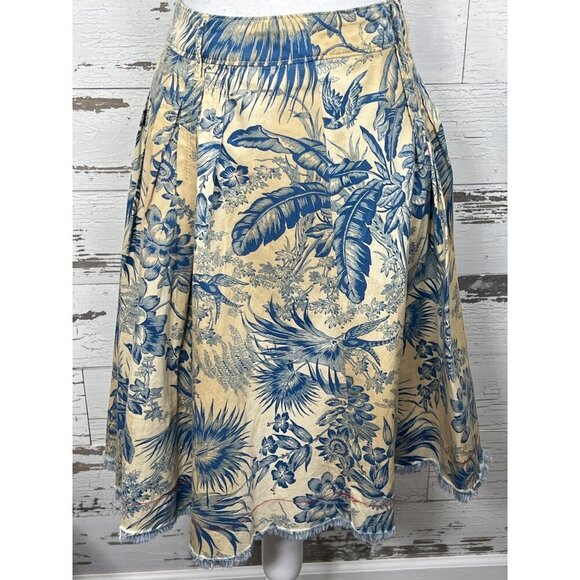 VINTAGE MISS SIXTY Dirty Denim Full Skirt Blue Floral Bird Pattern Sz S EUC - Picture 2 of 6